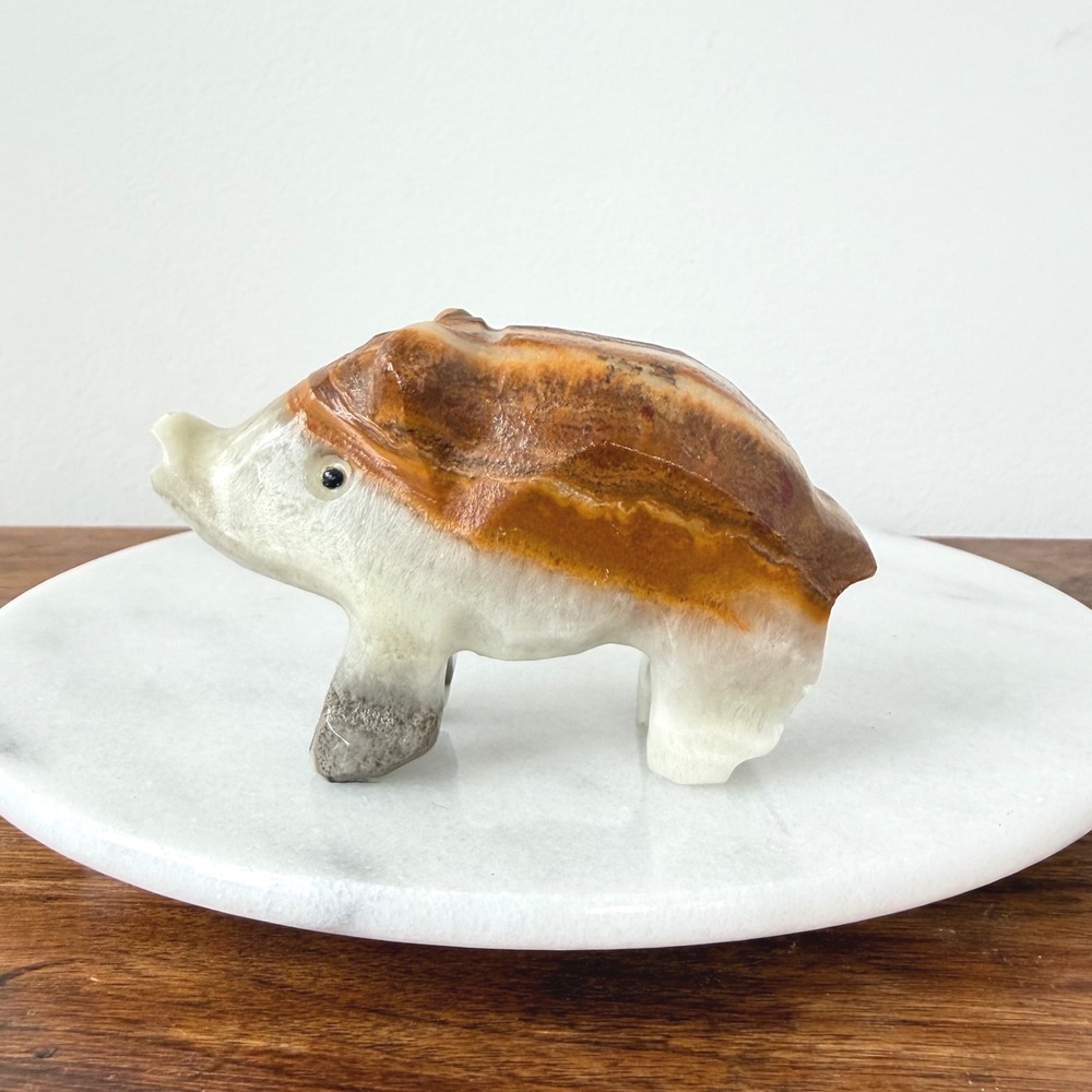 Vintage Hand Carved Banded Onyx Stone Wild Boar Pig Figurine Brown Cream 3.75in
